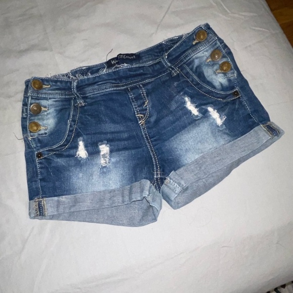 Wallflower Blue Jean Shorts with Distressed Cuffed Hem